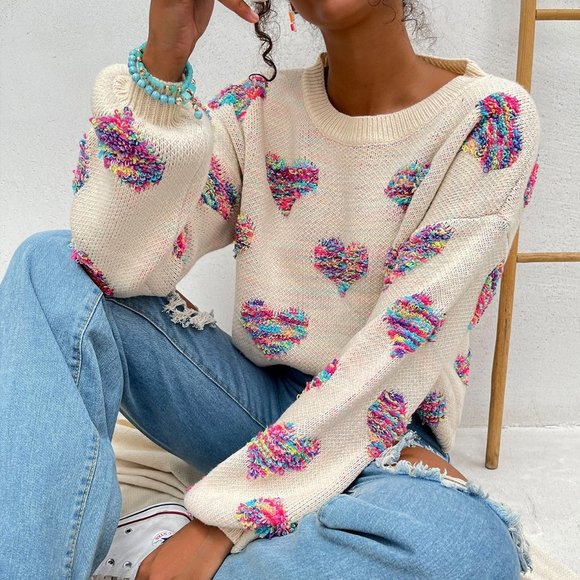 . Sweaters - Apricot Casual Womens Drop Shoulder Heart Pattern Sweater